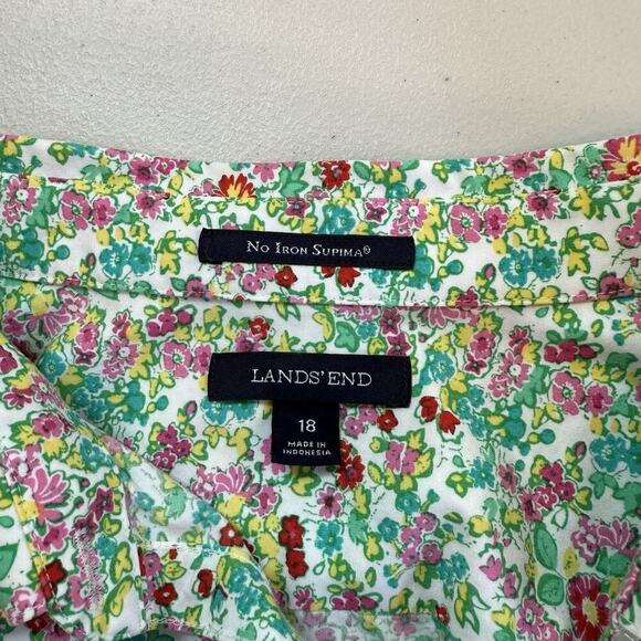 Lands End Button Up Shirt Womens Size 18 Green Floral No Iron Supima Cotton - Picture 4 of 7